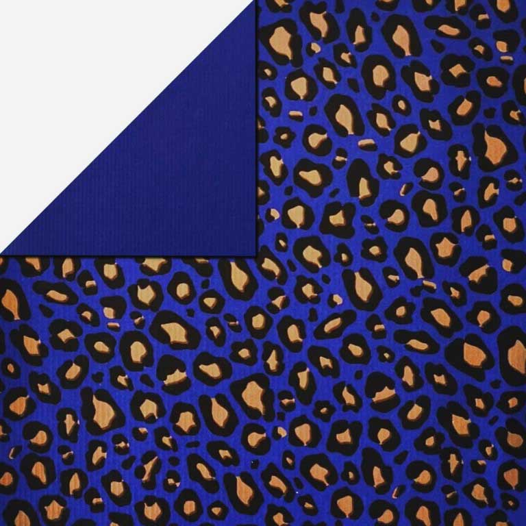Gift wrapping paper leopard spots gold on two side blue strong ribbed paper.
 