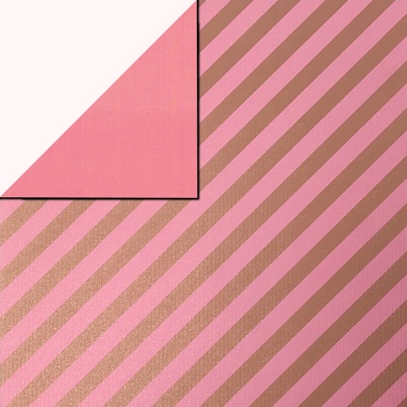 Gift wrapping paper soft pink with gold diagonal stripe, plain soft pink back on on strong ribbed paper.
 