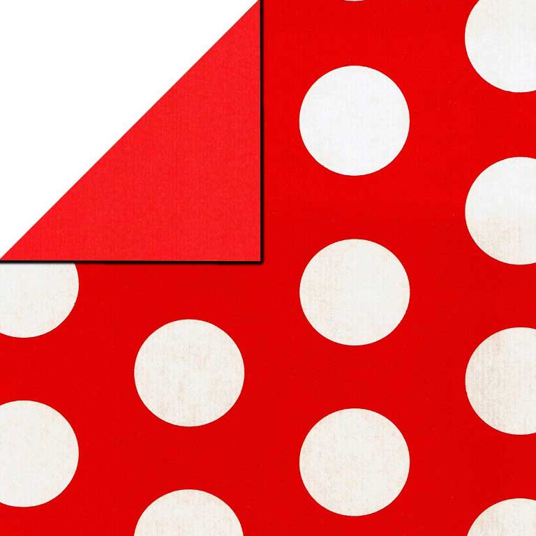 Geschenkpapier rot mit weißen Punkten, Rückseite rot auf geripptes starkes Papier.
 