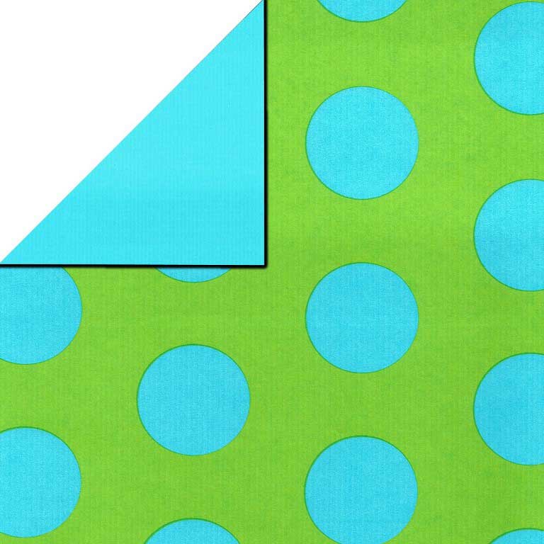 Geschenkpapier grün mit blauen punkten, rückseite uni blau auf geripptes starkes papier.
 