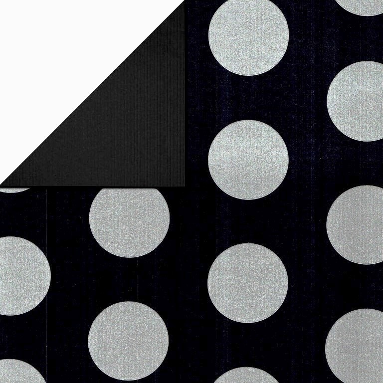 Geschenkpapier silber mit schwarzen punkten, rückseite uni schwarz auf geripptes starkes papier.
 