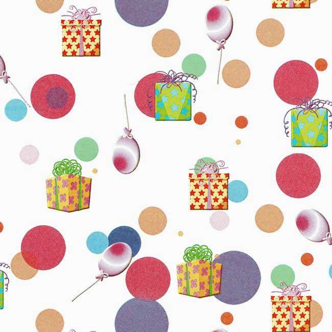 Gift wrapping paper colored balloons and packages on strong white paper.
 
