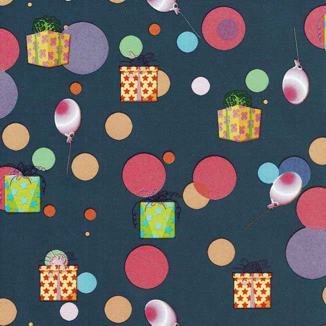 Gift paper festive design with colored balloons, background in dark blue on strong paper.
 