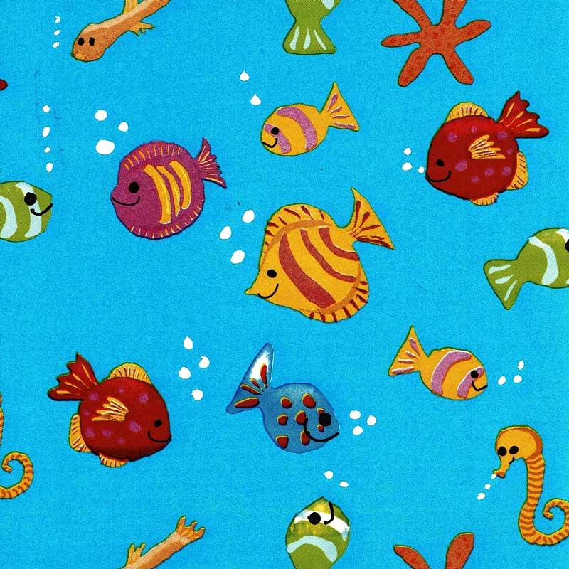 Giftwrapping paper tropical fish, background in sea blue on strong white paper.
 