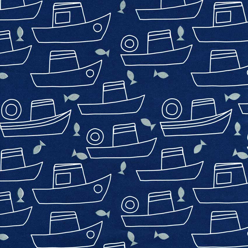 Gift wrapping paper fishing boat with silver fish on a deep sea blue background on strong paper.
 