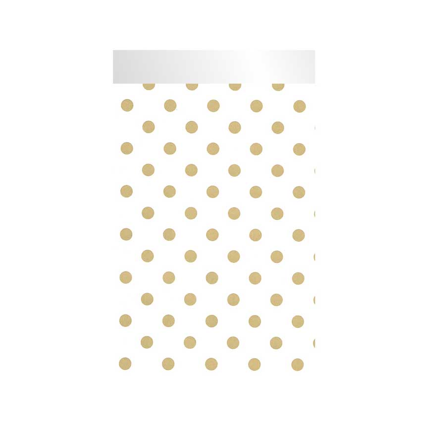 Kadozakjes wit met gouden stippen, 2 cm klepje op sterk wit papier.
 