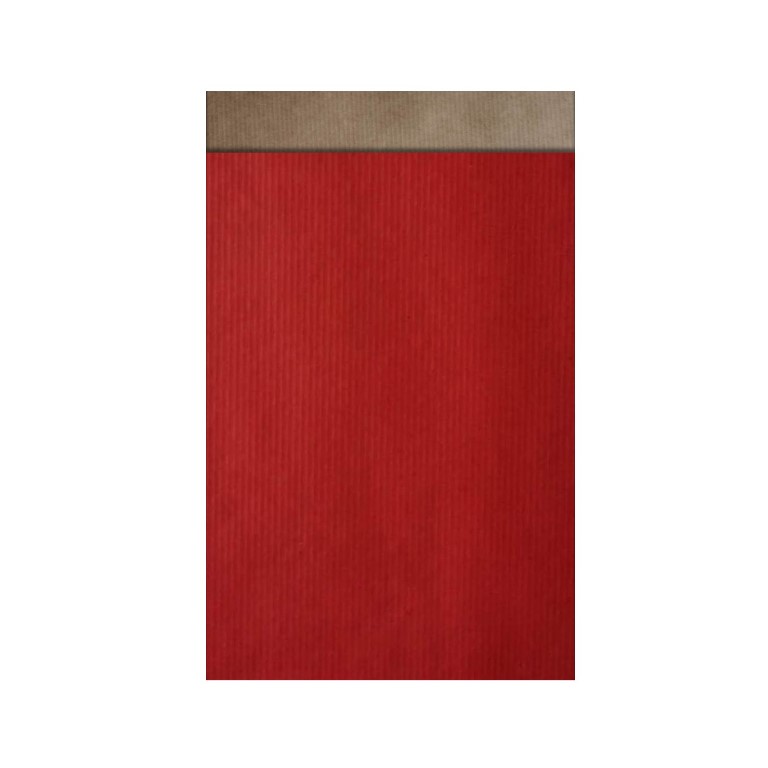 Geschenkzakjes effen rood op smal gestreept bruin kraft papier met 2 cm klepje.
 