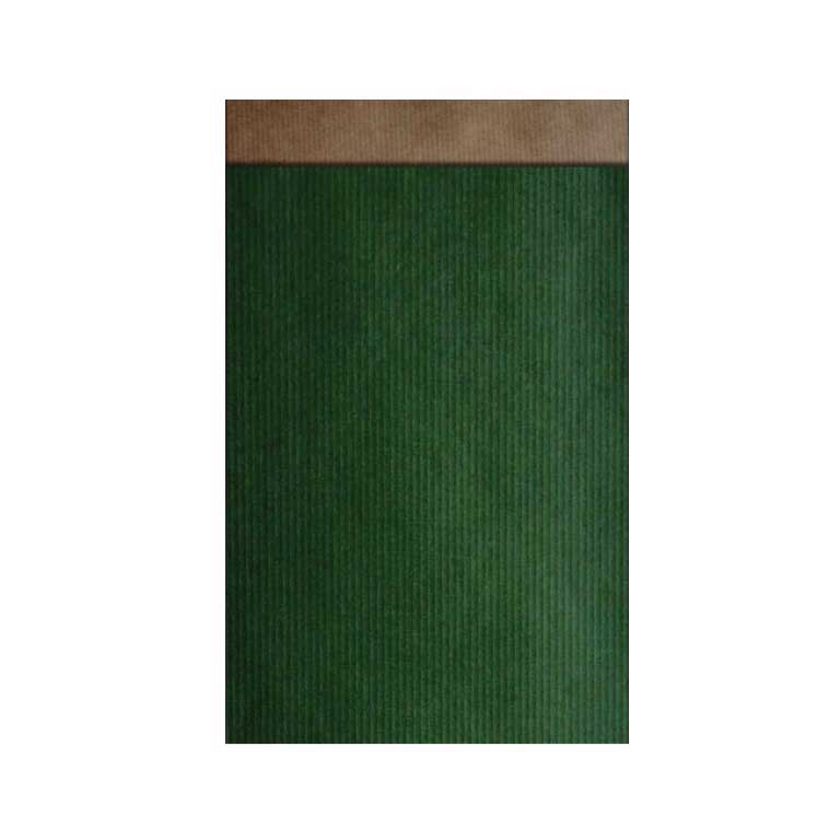 Geschenkzakjes effen groen op smal gestreept bruin kraft papier met 2 cm klepje.
 