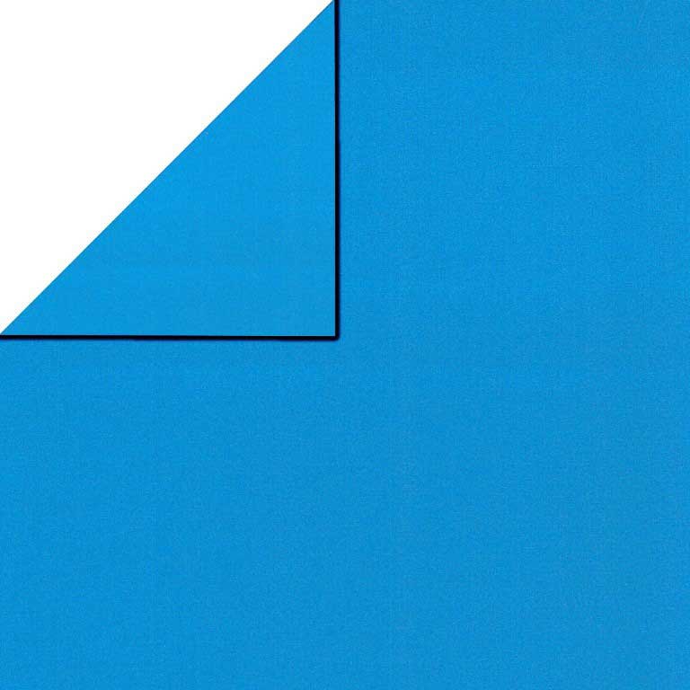 Inpakpapier voorzijde uni azuur blauw, achterzijde uni koningsblauw op sterk geribbeld mat papier.
 