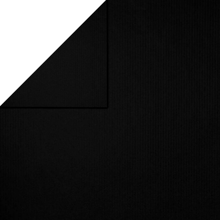 Inpakpapier voorzijde uni zwart, achterzijde uni zwart op sterk geribbeld mat papier.
 
