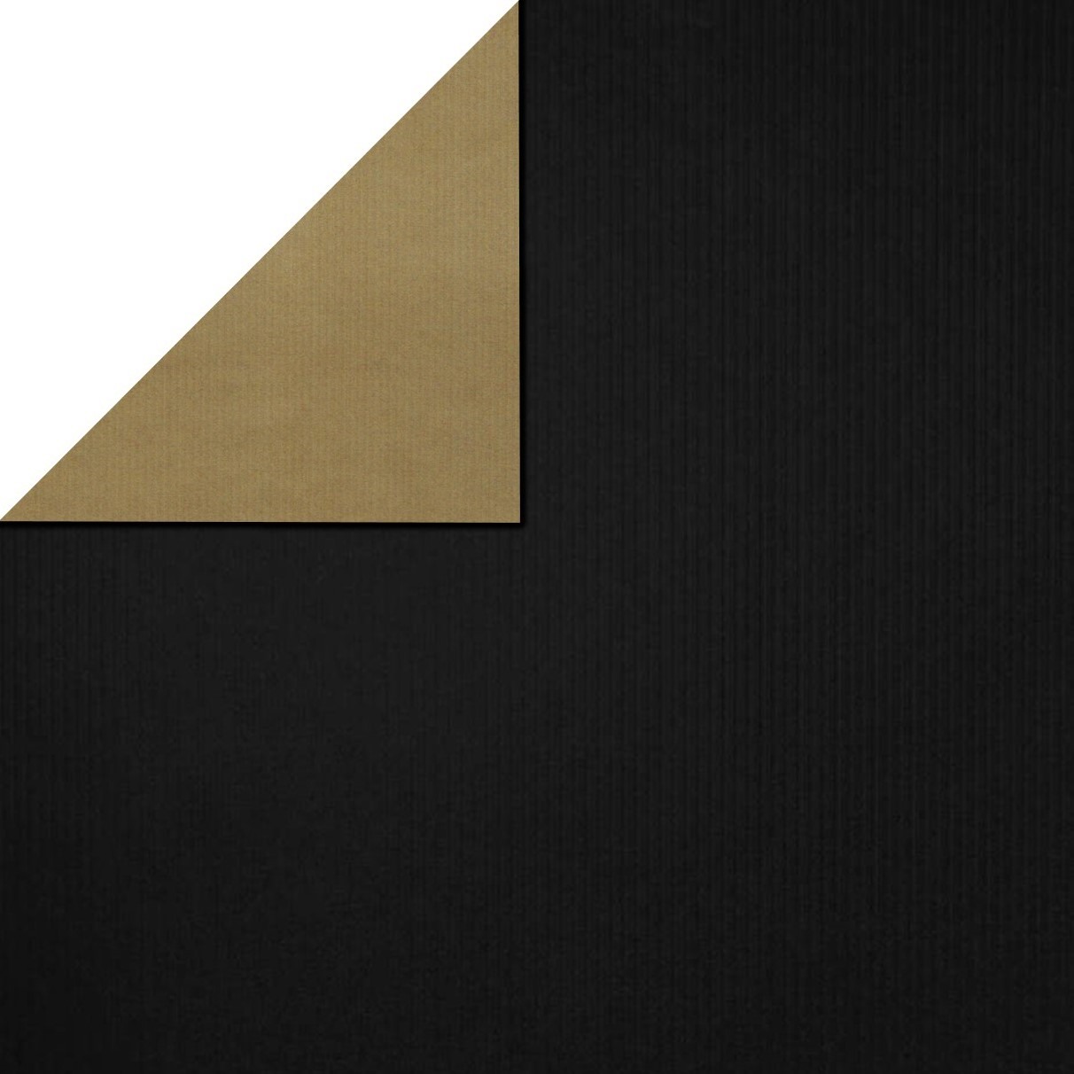 Inpakpapier voorzijde uni zwart, achterzijde uni goud op sterk geribbeld papier.
 