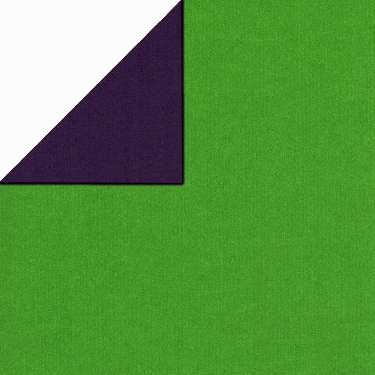 Geschenkpaper vorne uni apfelgrün, hinten uni violett auf geripptes mattes starkes Papier.
 