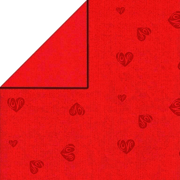 Wrapping paper front red with hearts with love text, behind solid red on strong narrow ribbed paper.
 