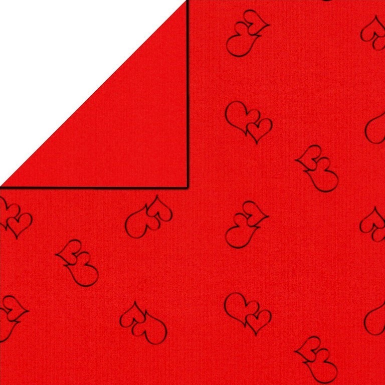 Inpakpapier voorzijde rood voorzien van harten, achterzijde uni rood op sterk geribd papier.
 