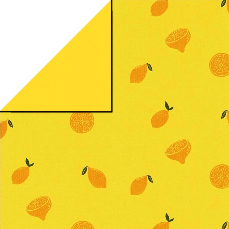 Inpakpapier voorzijde geel voorzien van citroenen, achterzijde uni geel op sterk geribd papier.
 