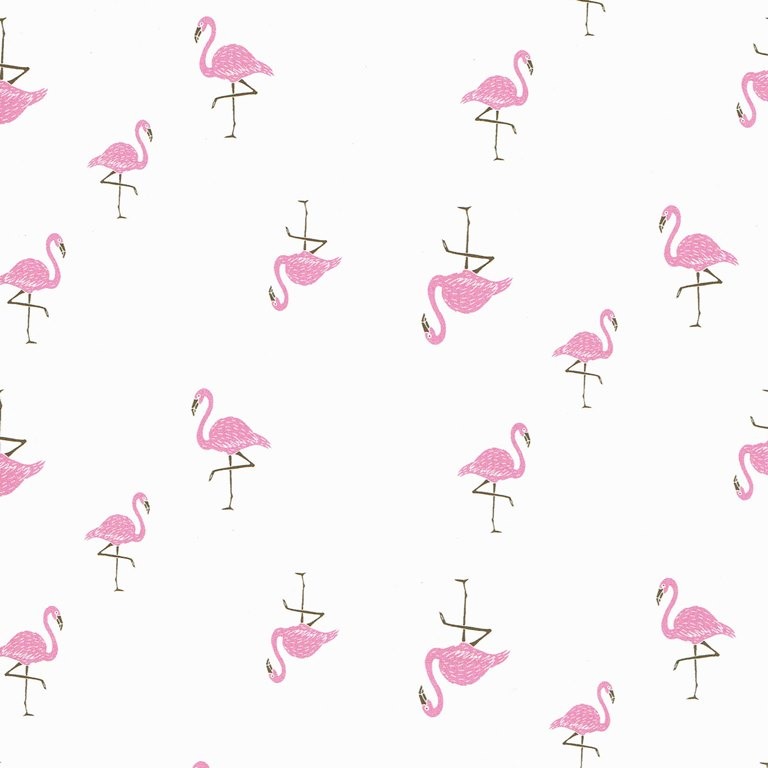 Inpakpapier voorzijde wit voorzien van flamingo's, achterzijde uni wit op sterk geribd papier.
 