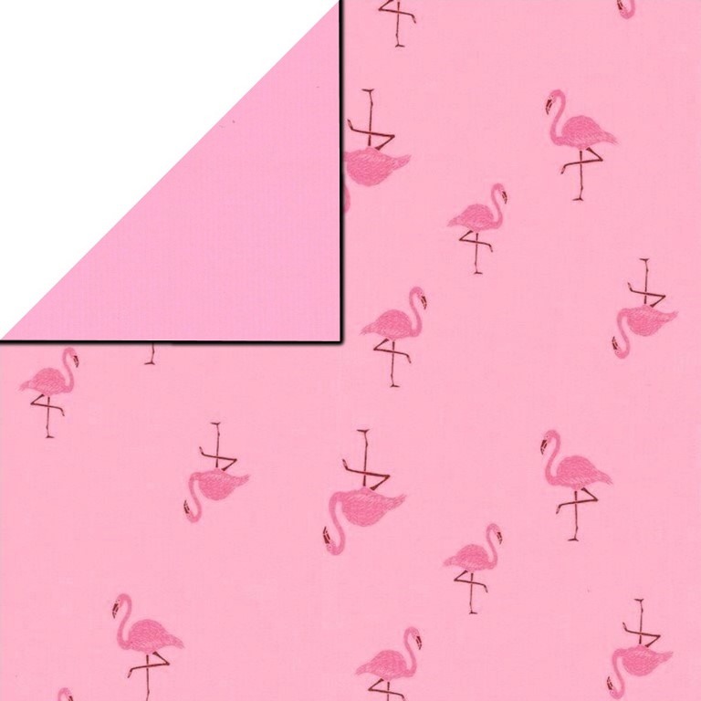 Inpakpapier voorzijde roze voorzien van flamingo's, achterzijde uni roze op sterk geribd papier.
 