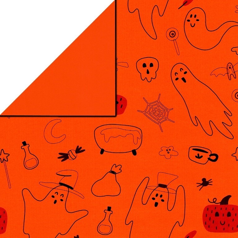 Halloween-Geschenkpapier mit orangem Hintergrund, Rückseite uni orange auf geripptes starkes Papier.
 