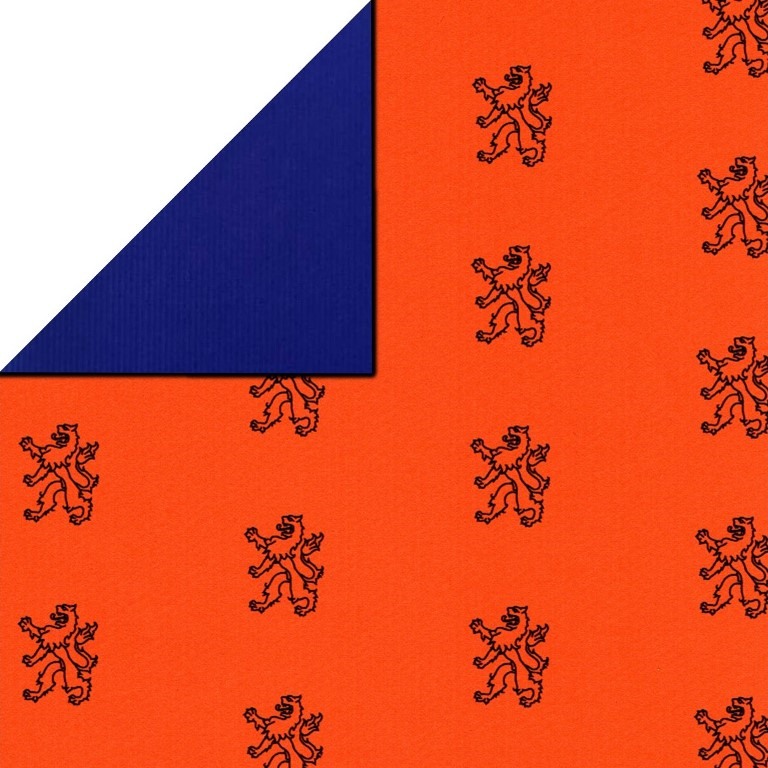 Hup holland! inpakpapier leeuwen motief in blauw met oranje achtergrond, achterzijde uni koningsblauw op geribd sterk papier.
 