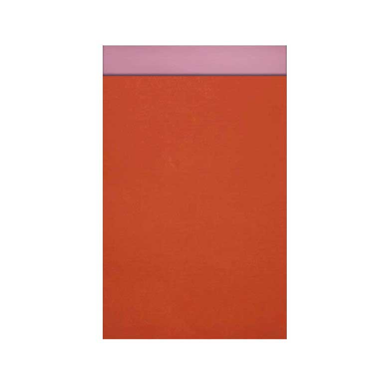 Geschenkzakjes met 2 cm klepje, oranje rode buitenkant en roze kleur binnenkant op sterk, zeer soepel mat papier.
 