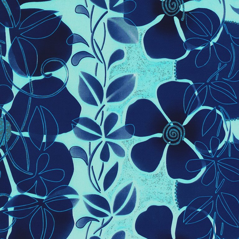 Wrapping paper matt blue flowers with silver on glossy, strong paper.
 
