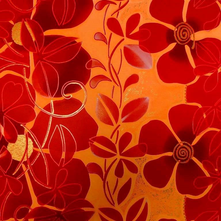 Geschenkpapier matt rote Blüten mit Gold auf glänzendem, starkem Papier.
 
