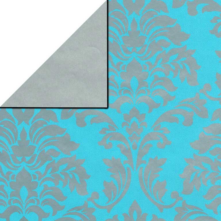 Gift wrapping paper silver baroque over matt aqua, reverse side plain silver on strong paper.
 