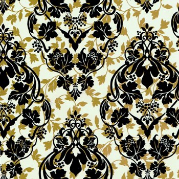 Gift wrapping paper black and gold ornaments with a taupe background on glossy strong paper.
 