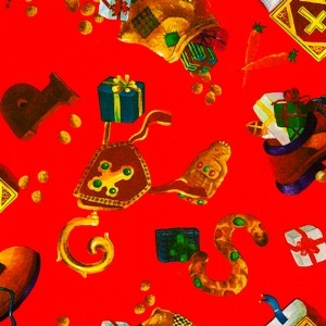 Sinterklaas cadeaupapier, rode achtergrond met snoepgoed, mijter, staf en schoen op glanzend papier.
 
