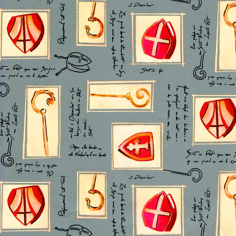 Glossy luxury sinterklaas gift wrap paper, silver background with miter and pope's crosier.
 