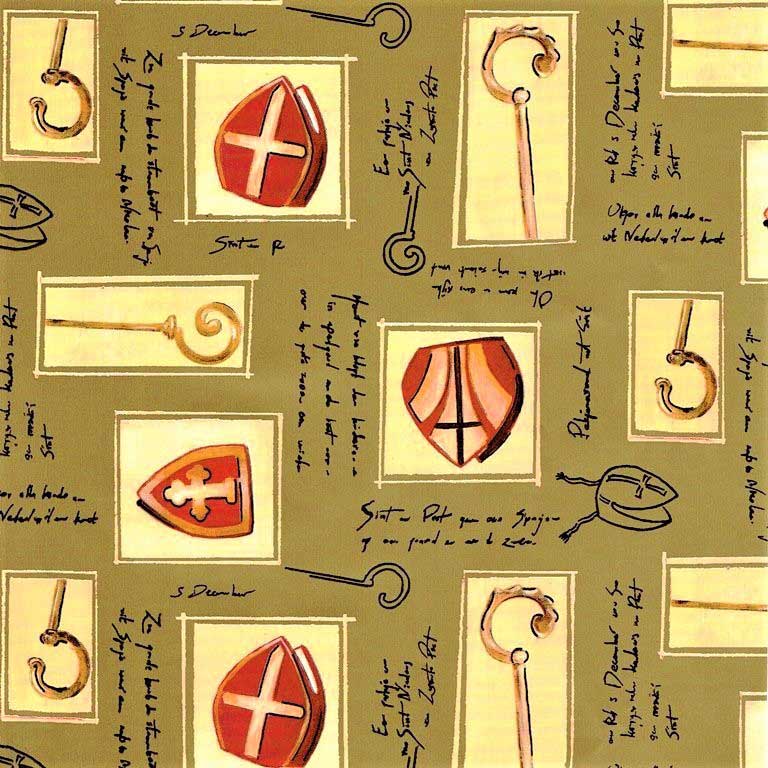 Glossy luxury sinterklaas gift wrap paper, golden background with miter and pope's crosier.
 