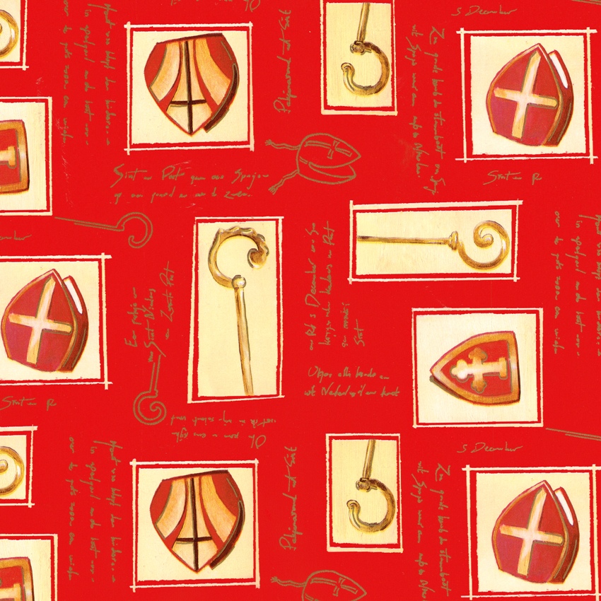 Glossy luxury sinterklaas gift wrap paper, red background with miter and pope's crosier.
 