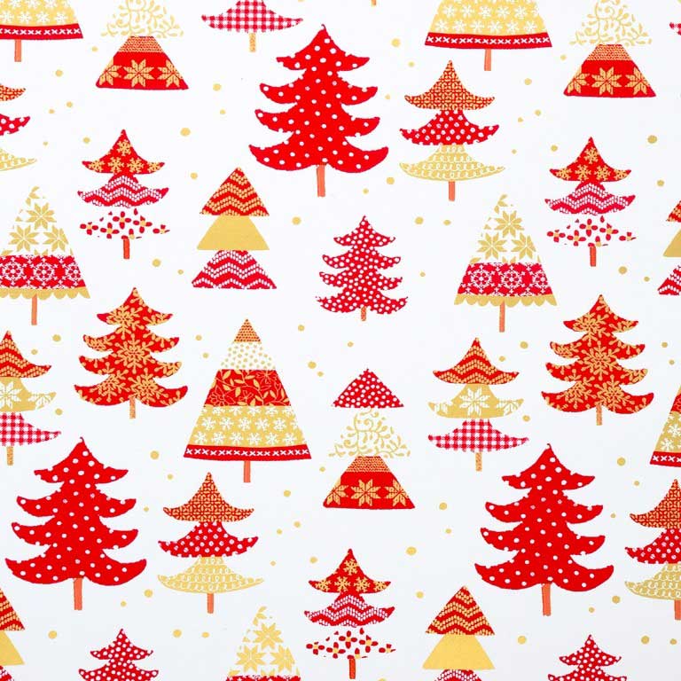 Kerstbomen in rood met goud op een mat witte achtergrond, sterk papier.
 