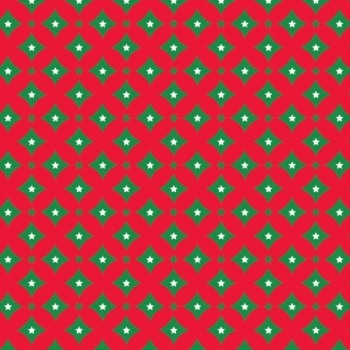 Christmis wrapping paper with green and white christmas stars on a matte red background on glossy white paper.
 