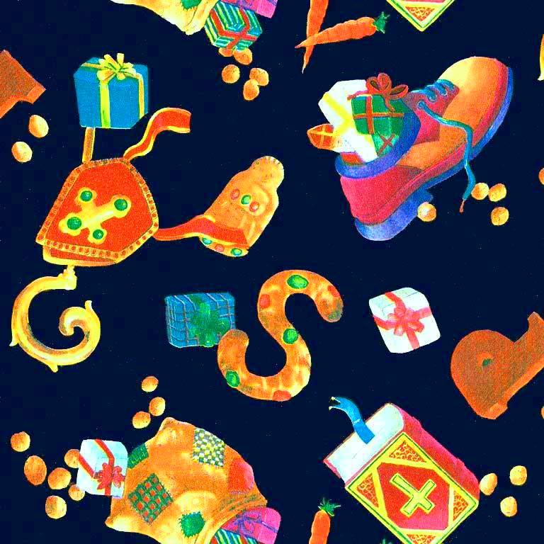 Sinterklaas cadeaupapier, blauwe achtergrond met snoepgoed, mijter, staf en schoen op gebleekt papier
 
