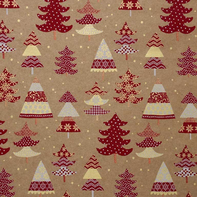 Christmas trees red with white and creme on natural kraft paper.
 