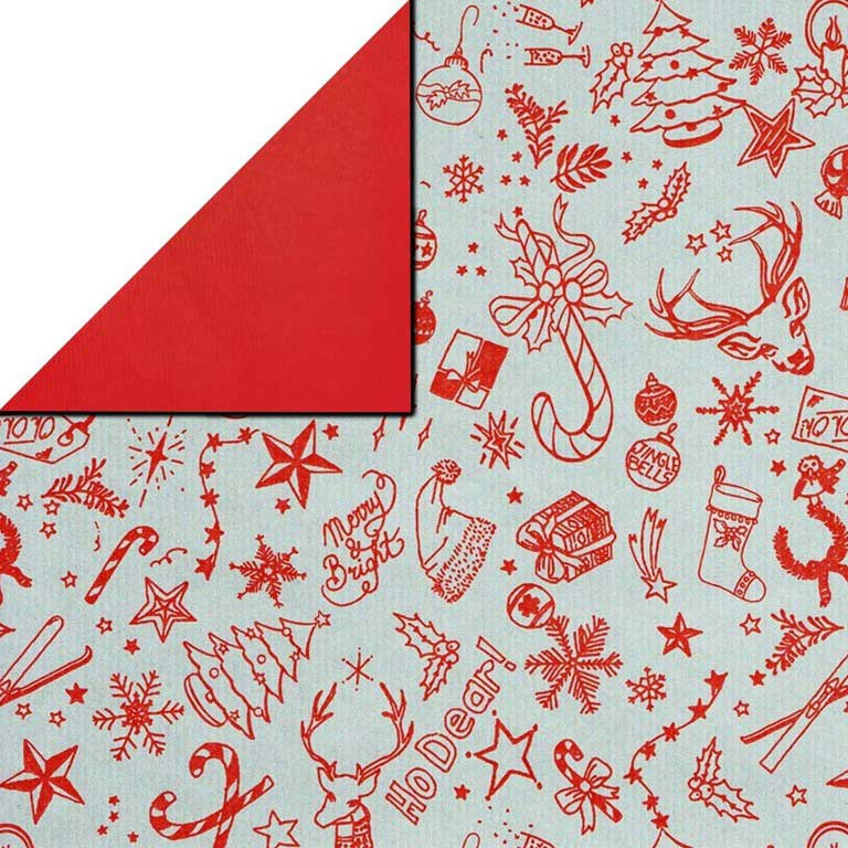 Geschenkpapier zilver met kerst items in rood achterzijde effen rood op wit gestreept papier.
 