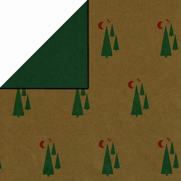 Weihnachtspapier Sterne rot mit grünem Hintergrund auf der Rückseite einfarbig rot auf weiss gestreiftem Papier.
 