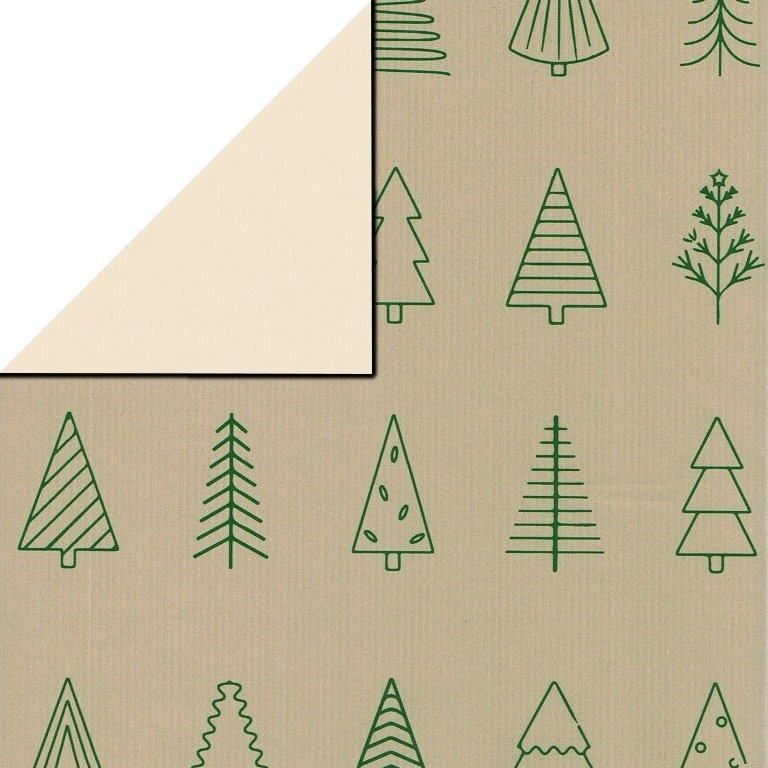 Inpakpapier voorzijde licht taupe met groene kerstbomen, achterzijde uni room wit op sterk geribbeld mat papier.
 