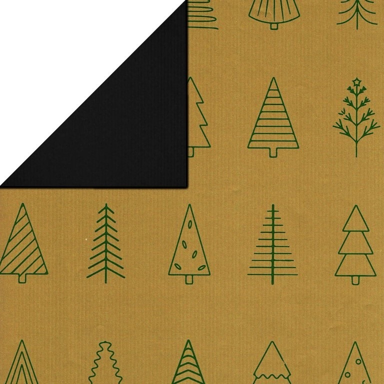 Cadeaupapier voorkant goud met groen kerstbomen, achterkant effen zwart op sterk geribd papier.
 