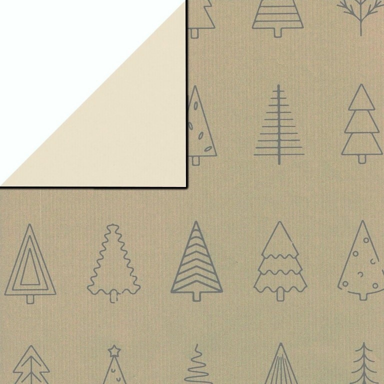 Inpakpapier voorzijde licht taupe met grijze kerstbomen, achterzijde uni room wit op sterk geribbeld mat papier.
 