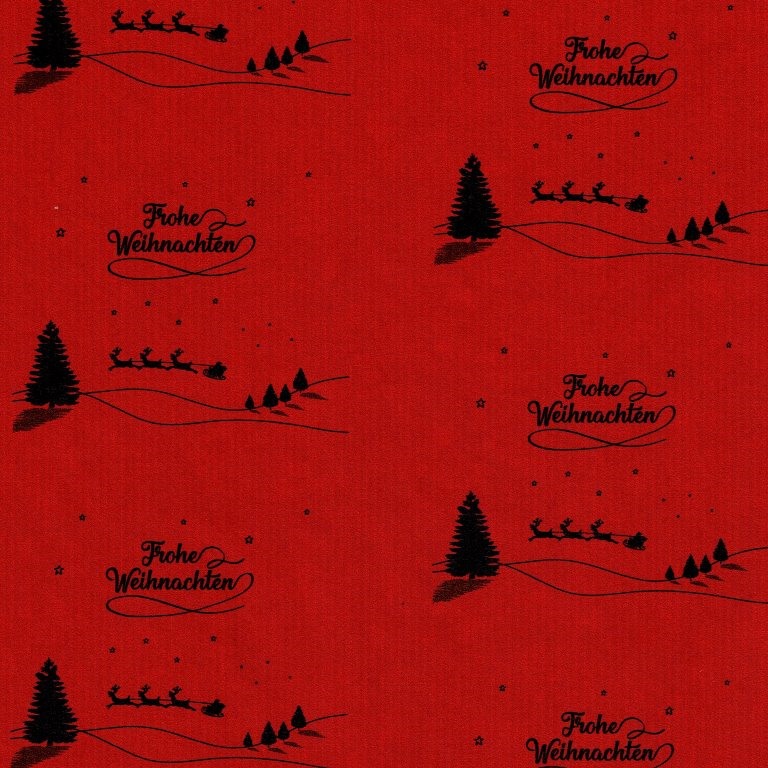 Geschenkpapier frohe Weihnachten schwarz, mit rotem Hintergrund, auf braunem Kraftpapier.
 