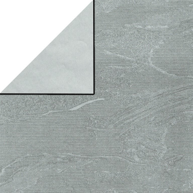 Inpakpapier met zilvergrijze vegen met de achterzijde uni zilvergrijs op sterk papier.
 