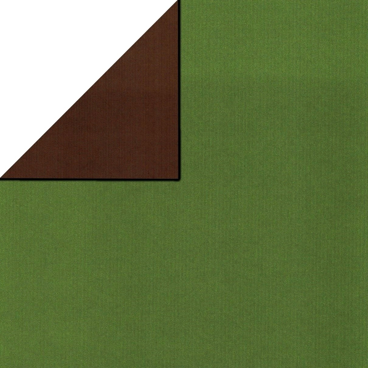 Inpakpapier voorzijde uni olijfgroen, achterzijde uni bruin op sterk geribbeld mat papier.
 