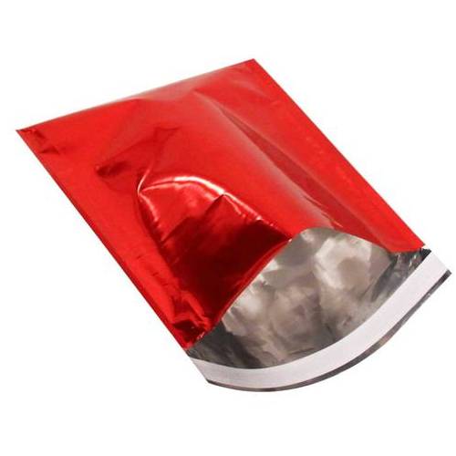 Metallische geschenk- oder versandtaschen aus unzerreißbar und wasserabweisender 70-micron-folie mit klappe und permanent klebestreifen - rot
 