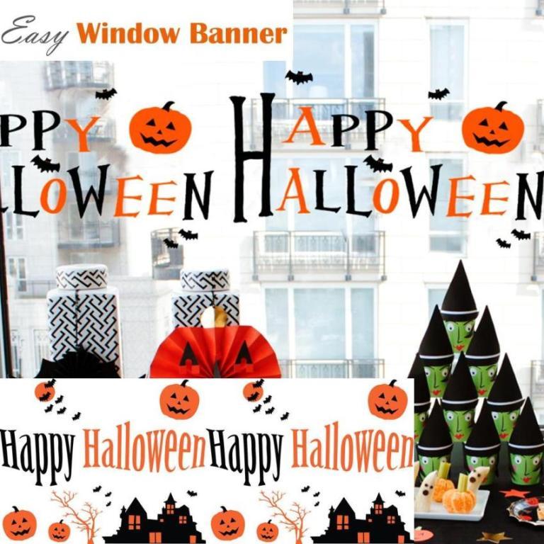 Window sticker reusable halloween orange, static foil easy to apply to glass.
 